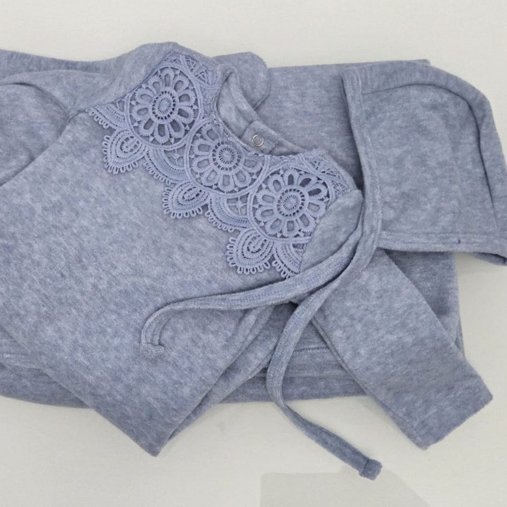 Velour Baby Blue Cozy Layette Set with Lace Detail